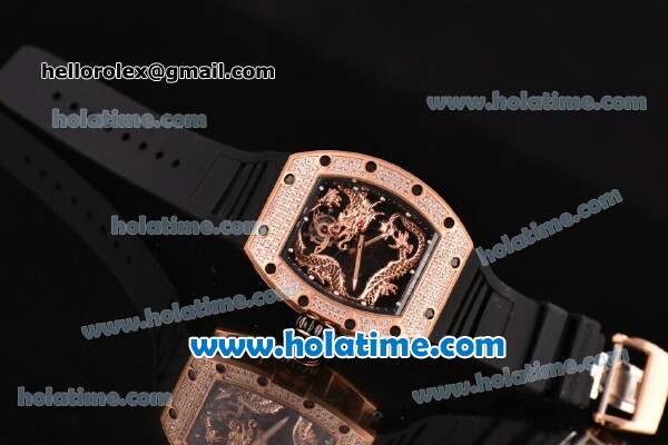 Richard Mille Tourbillon RM 057 Dragon Swiss ETA 2824 Automatic Rose Gold&Diamonds Case with Black Rubber Strap and Dragon Dial - Click Image to Close